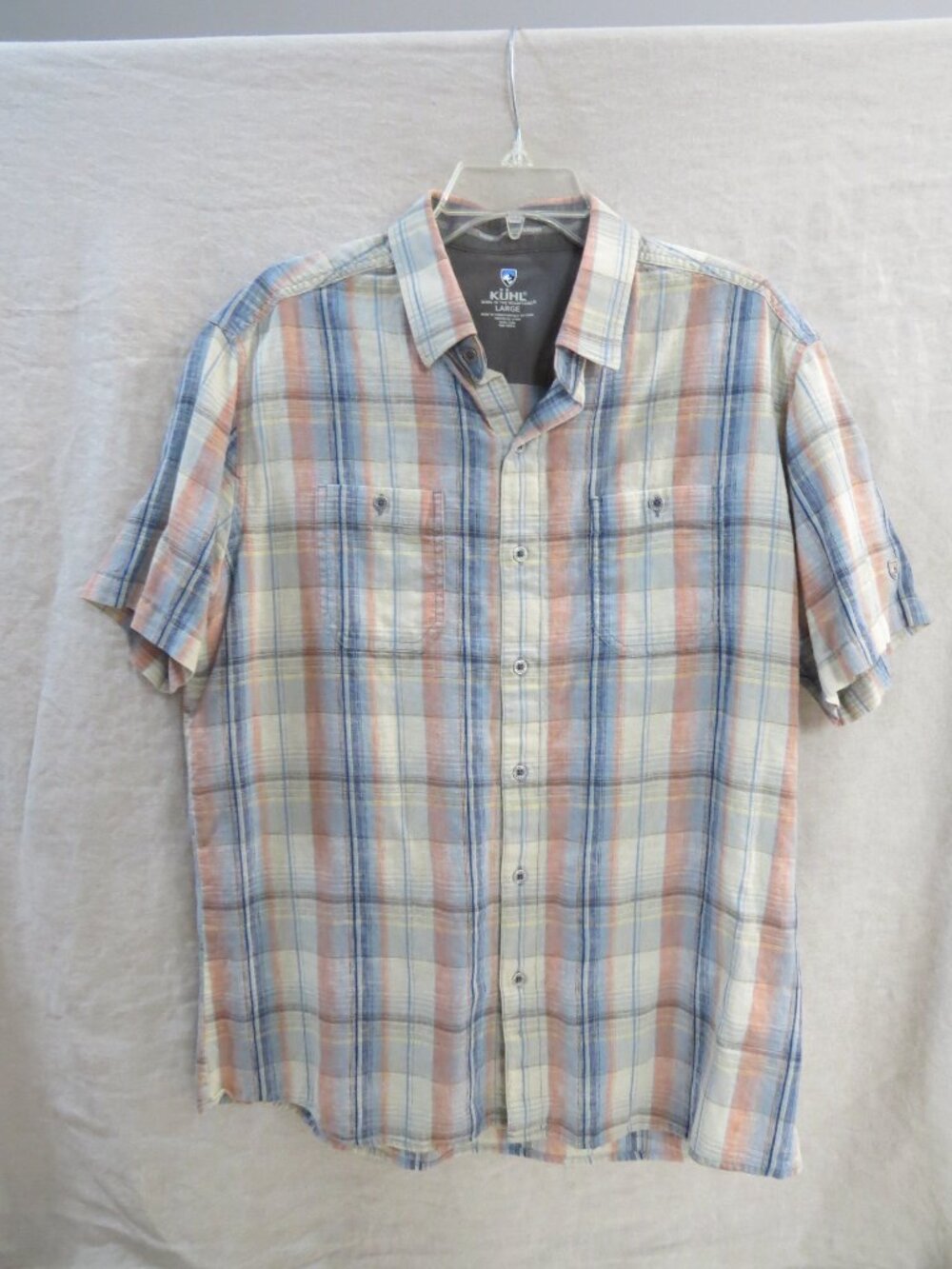 KUHL Plaid Linen Cotton Blend Button Up Shirt, Pockets SIZE Large Camp Shirt